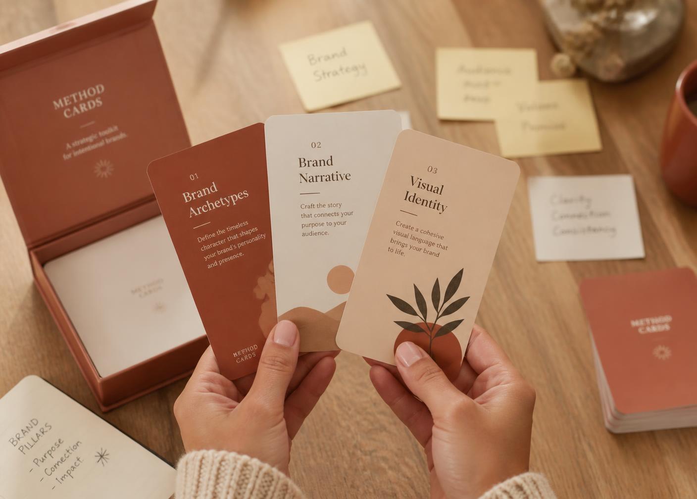 Hands holding three editorial cards over a work table